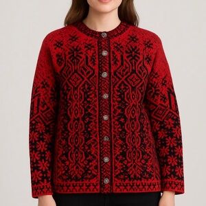 DALE OF NORWAY 100% wool fair isle Nordic cardigan sweater red black size large